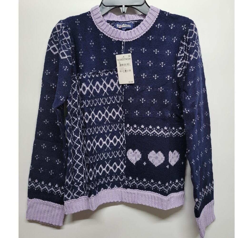 FRESHMAN Kids' Mix Stitch Fair Isle Sweater In Lavender And Navy 14/16